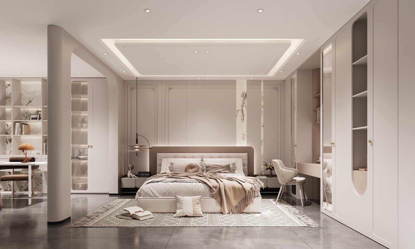 Cream hinged wardrobe wall with arched open niches in a bedroom, designed by Luxfit, Kampala, Uganda