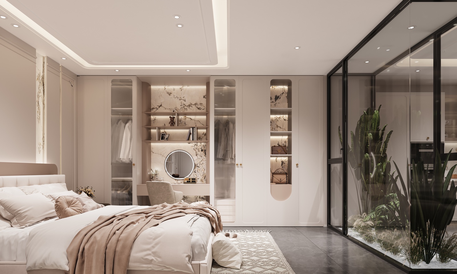 French-style cream hinged wardrobe with glass doors, gold-tone knobs and vanity, Luxfit design, Kampala, Uganda