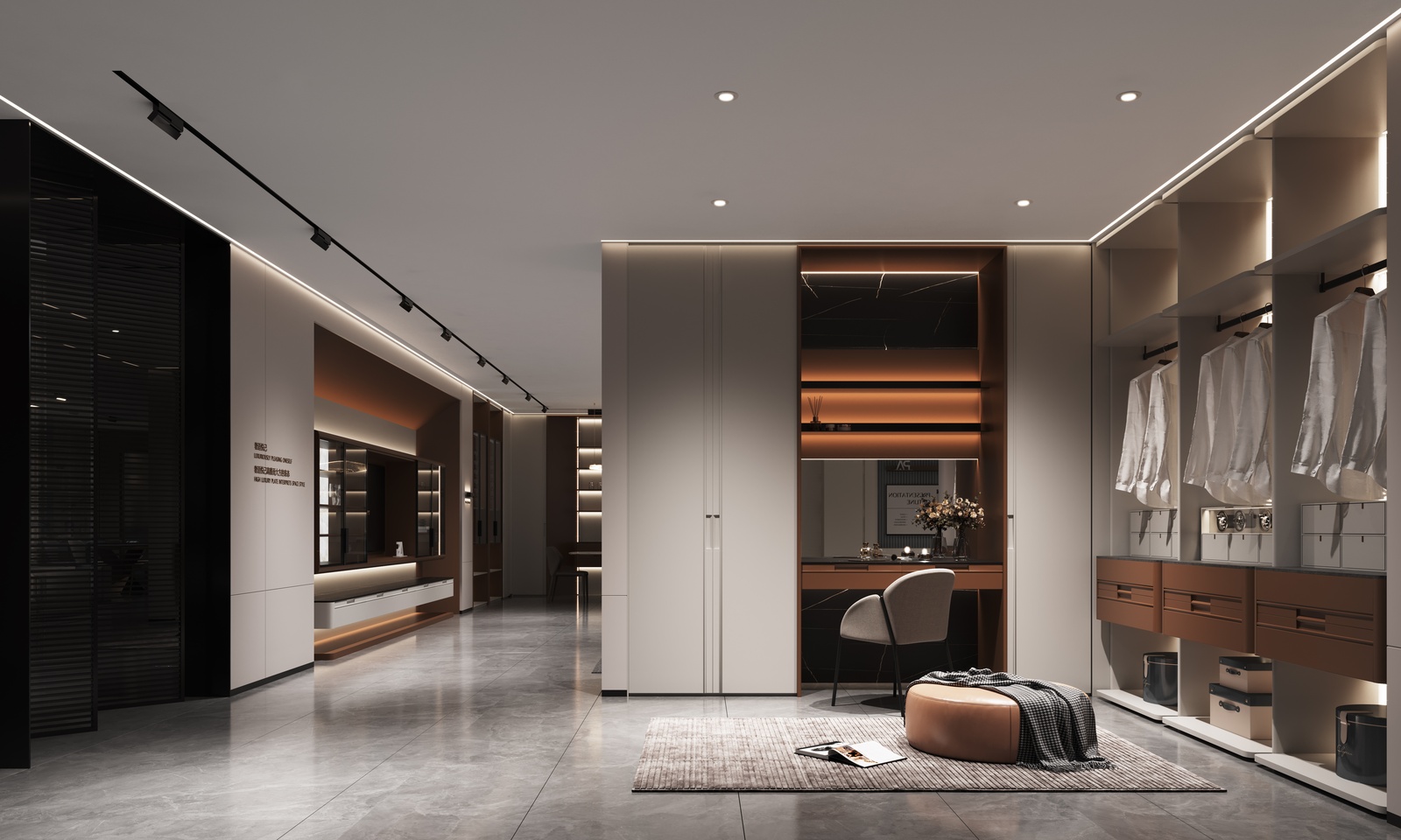 Light luxury walk-in dressing room with matte doors, open hanging and vanity niche, Luxfit design, Kampala, Uganda