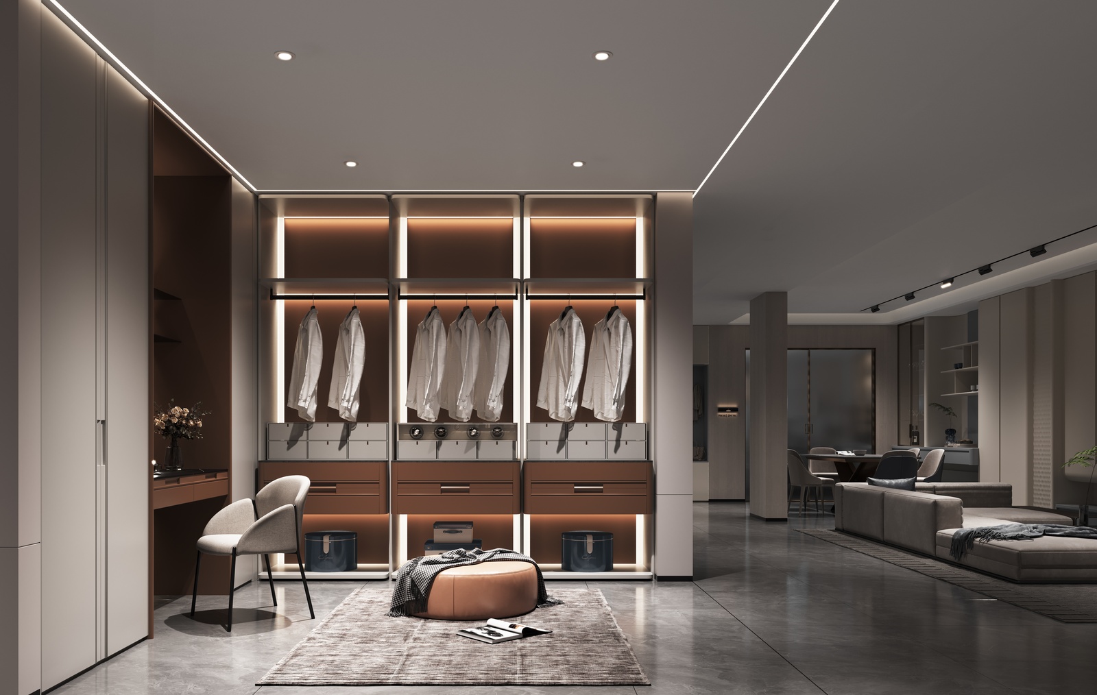 Backlit open-hanging walk-in wardrobe with warm drawer fronts, designed by Luxfit, Kampala, Uganda