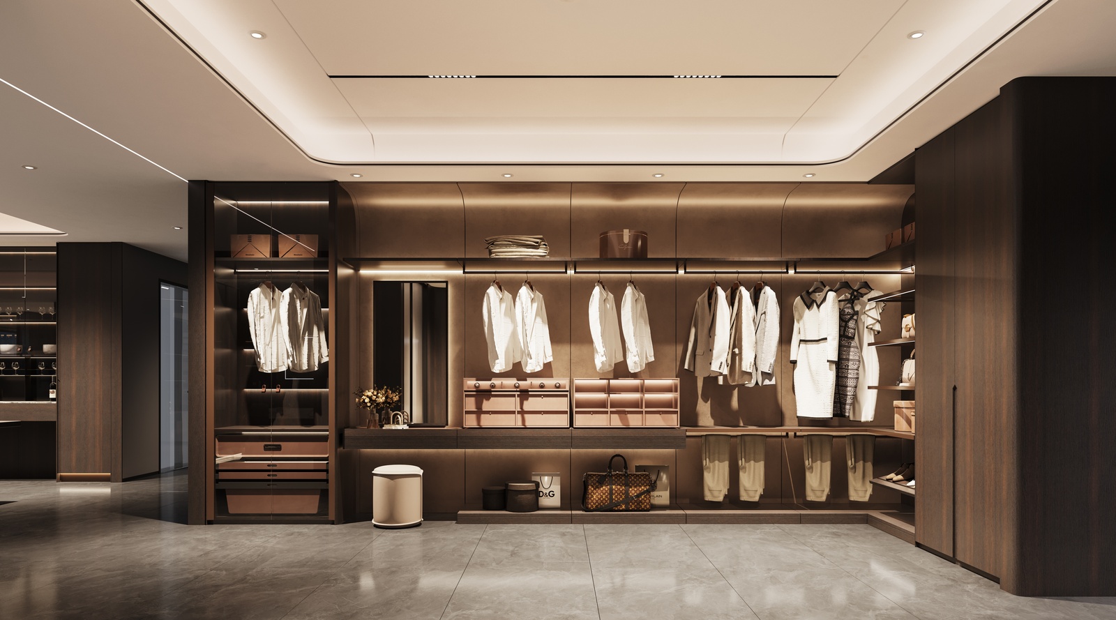 Wood-grain walk-in wardrobe wall with open hanging and lit shelves, a Luxfit design, Kampala, Uganda