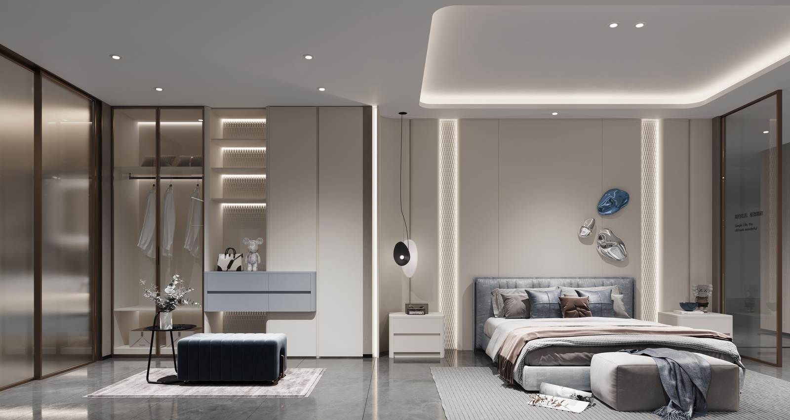 Bedroom built-in wardrobe with a glass-door hanging section and lit shelves, designed by Luxfit, Kampala, Uganda