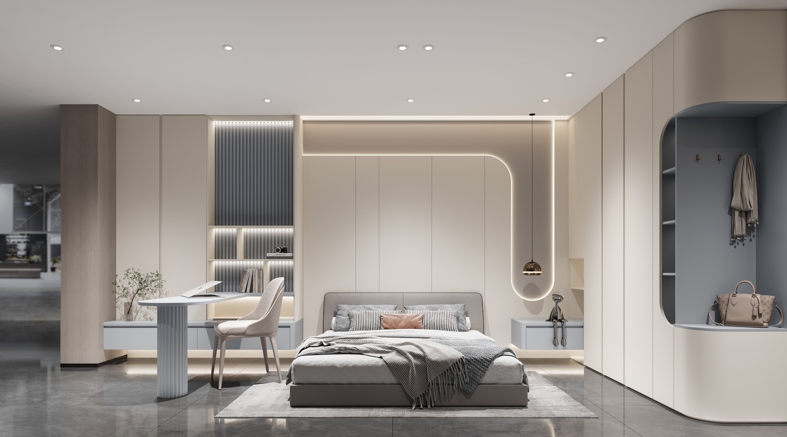 Handleless built-in wardrobe wall with a curved open corner, Luxfit design, Kampala, Uganda