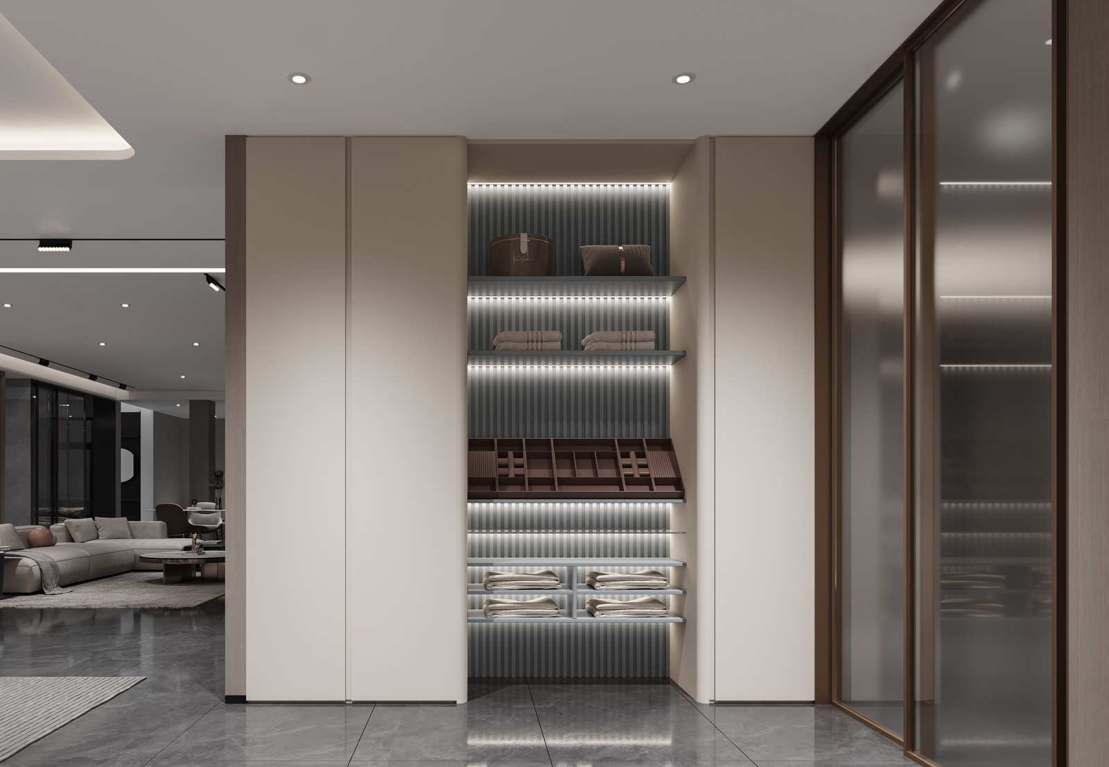 Modern built-in wardrobe with matte doors and a lit open shelf niche, Luxfit design, Kampala, Uganda