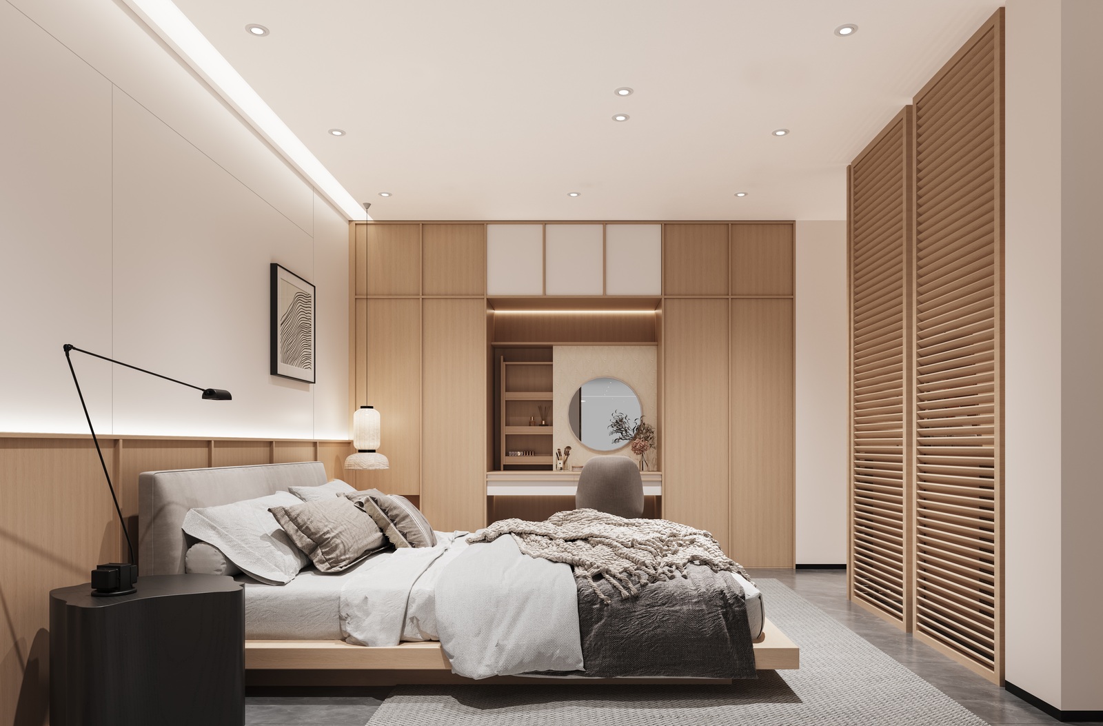 Wood-grain fitted wardrobe with dressing desk, round mirror and louvred doors, designed by Luxfit, Kampala, Uganda