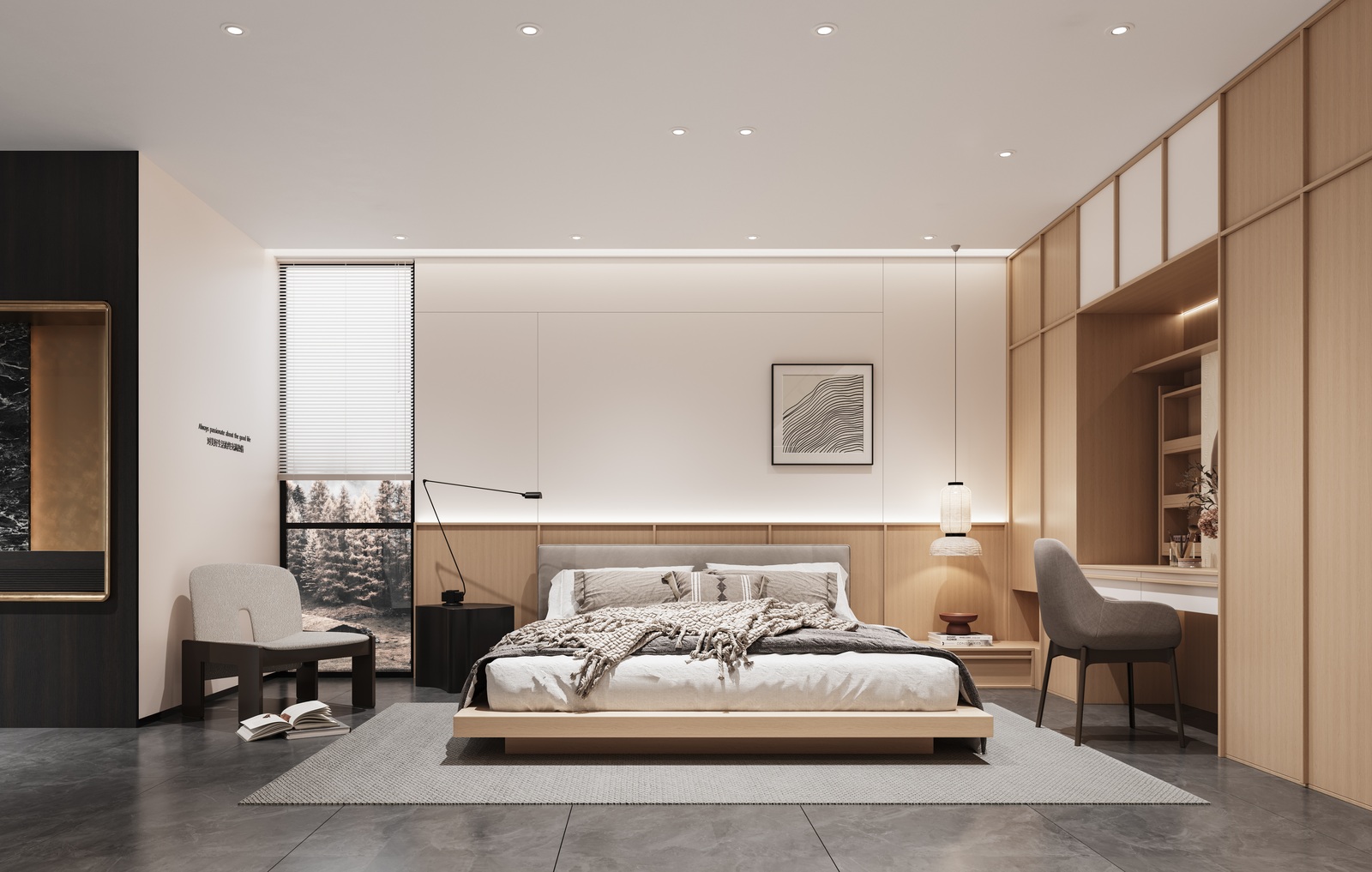 Nordic fitted wardrobe wall with light wood-grain finish and built-in desk, Luxfit design, Kampala, Uganda