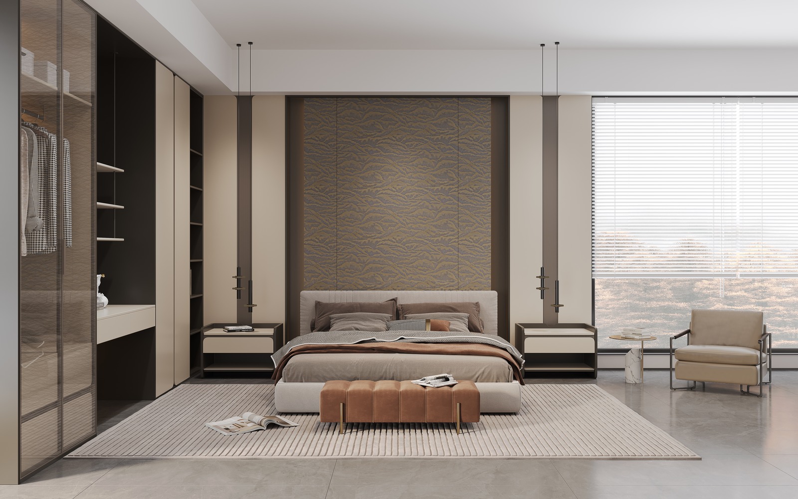 Bedroom fitted wardrobe wall with tinted-glass doors and dressing desk, designed by Luxfit, Kampala, Uganda