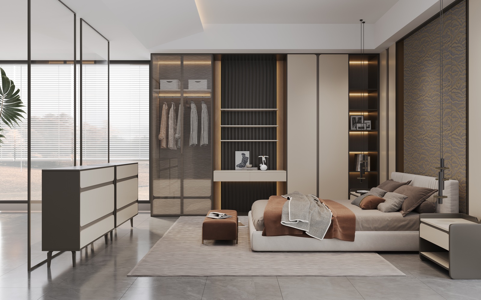 Fitted wardrobe with tinted-glass doors, matte panels and a fluted section, Luxfit design, Kampala, Uganda
