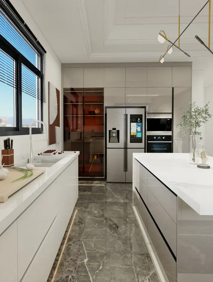 White Galley Kitchen with Tall Glass Units, Luxfit custom kitchen design visual, Kampala, Uganda