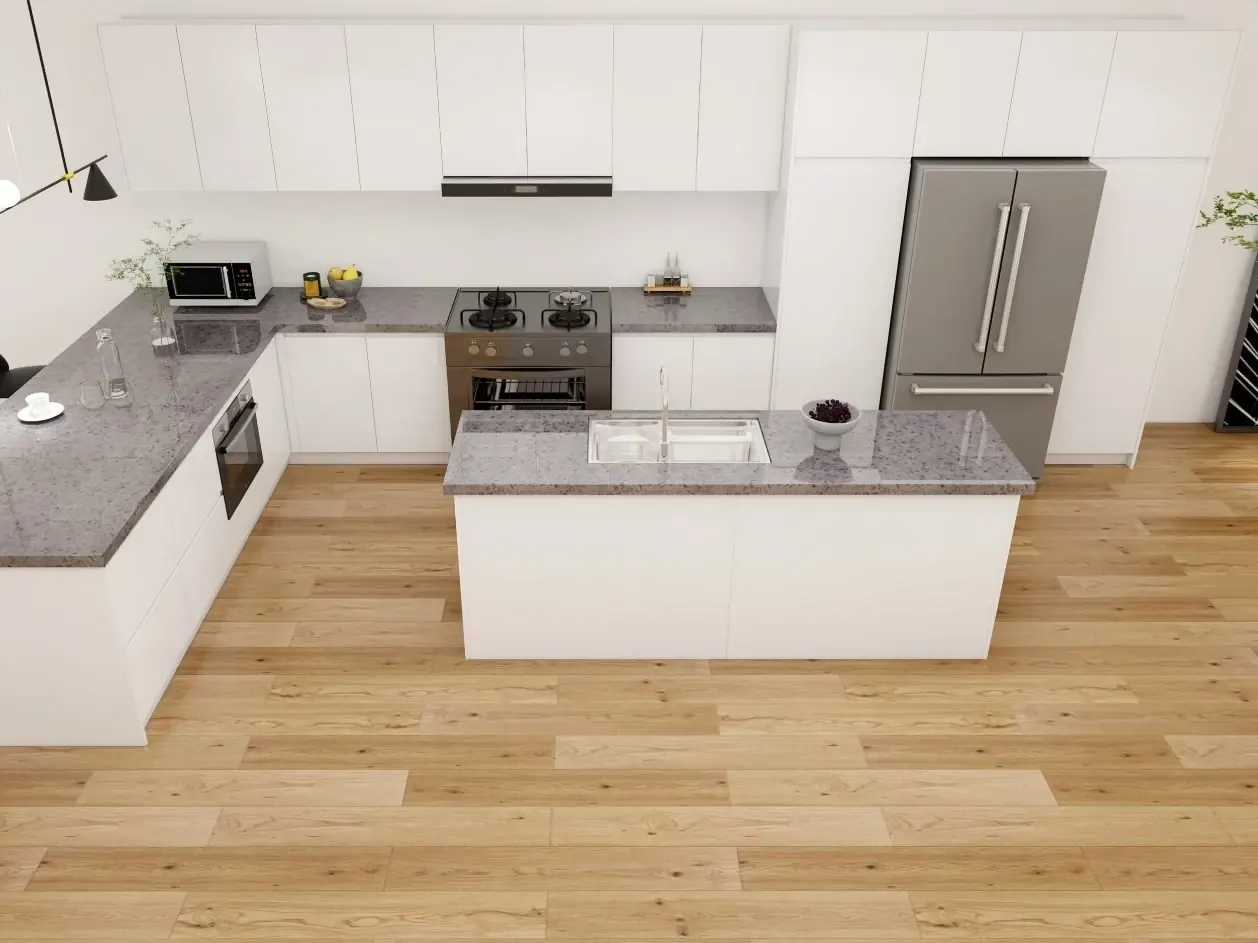 White Island Kitchen with Grey Worktops, Luxfit custom kitchen design visual, Kampala, Uganda
