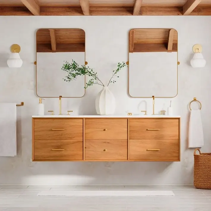 Wood Floating Double Vanity with Arched Mirrors, Luxfit custom vanity design visual, Kampala, Uganda