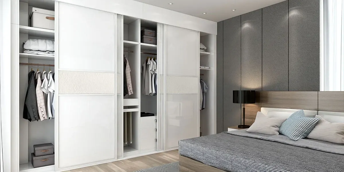White Sliding Wardrobe with Open Shelving, Luxfit custom wardrobe design visual, Kampala, Uganda