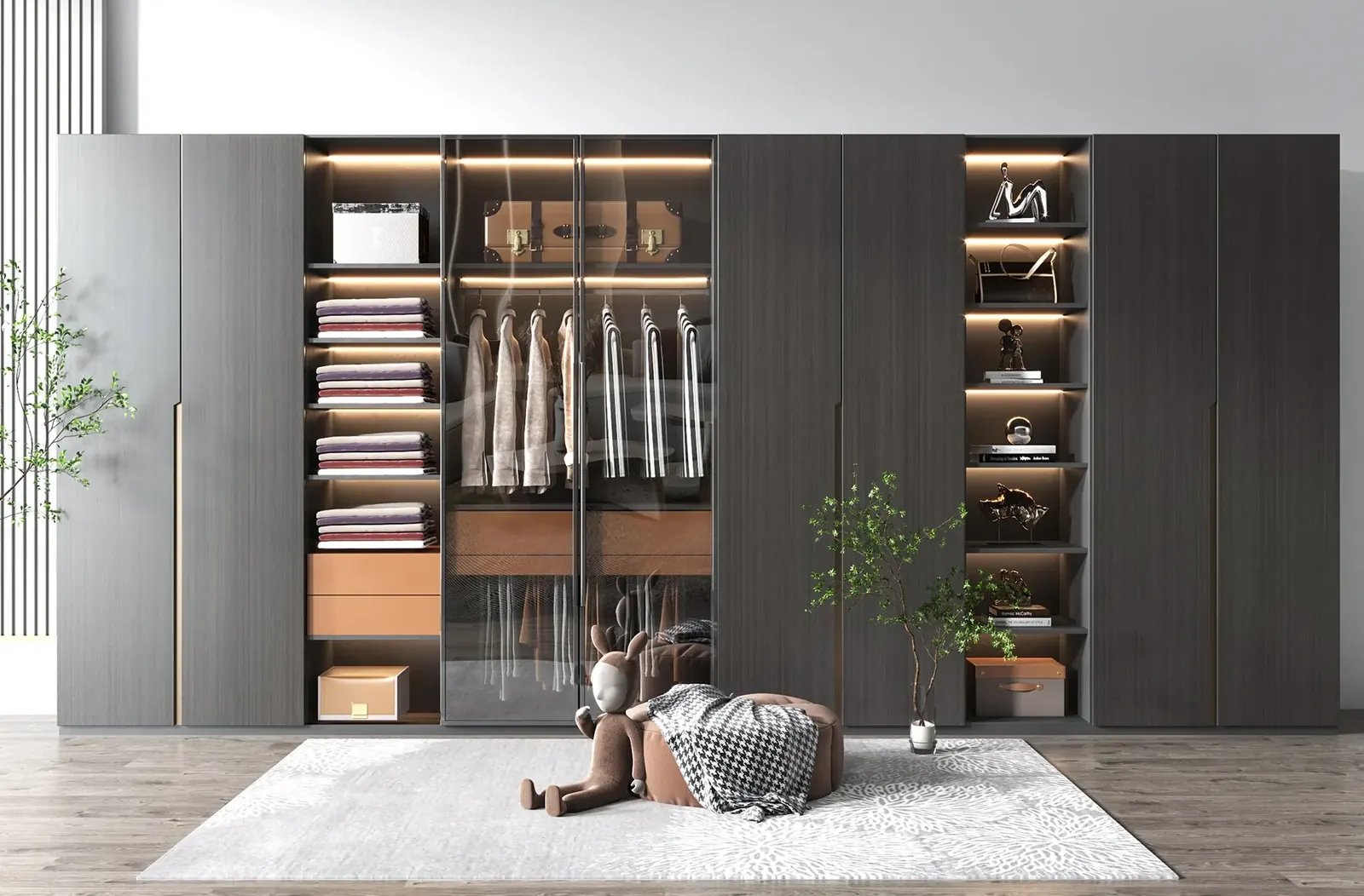 Charcoal Wood-Grain Wardrobe Wall with Lit Glass Centre, Luxfit custom wardrobe design visual, Kampala, Uganda