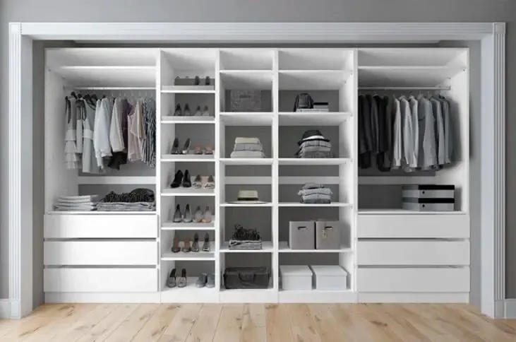 White Open-Front Wardrobe with Shoe Tower, Luxfit custom wardrobe design visual, Kampala, Uganda