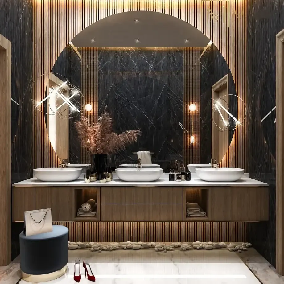 Dark Floating Vanity with Three Vessel Basins, Luxfit custom vanity design visual, Kampala, Uganda