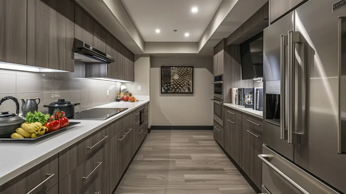 Grey Wood-Grain Galley Kitchen, Luxfit custom kitchen design visual, Kampala, Uganda