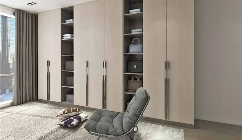Beige Hinged Wardrobe with Wood-Grain Display Niches, Luxfit custom wardrobe design visual, Kampala, Uganda