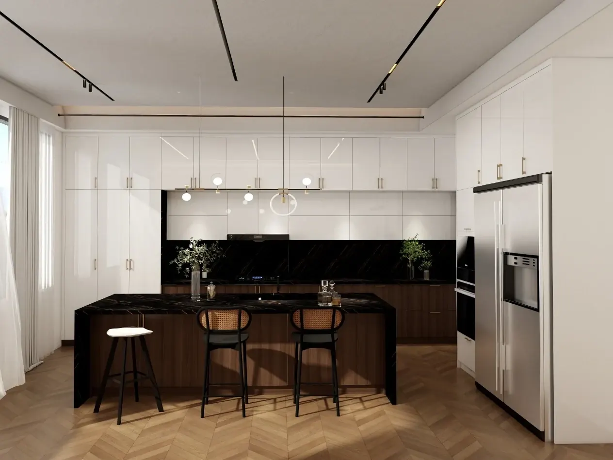 Two-Tone Wood-Grain Kitchen with Black Island, Luxfit custom kitchen design visual, Kampala, Uganda