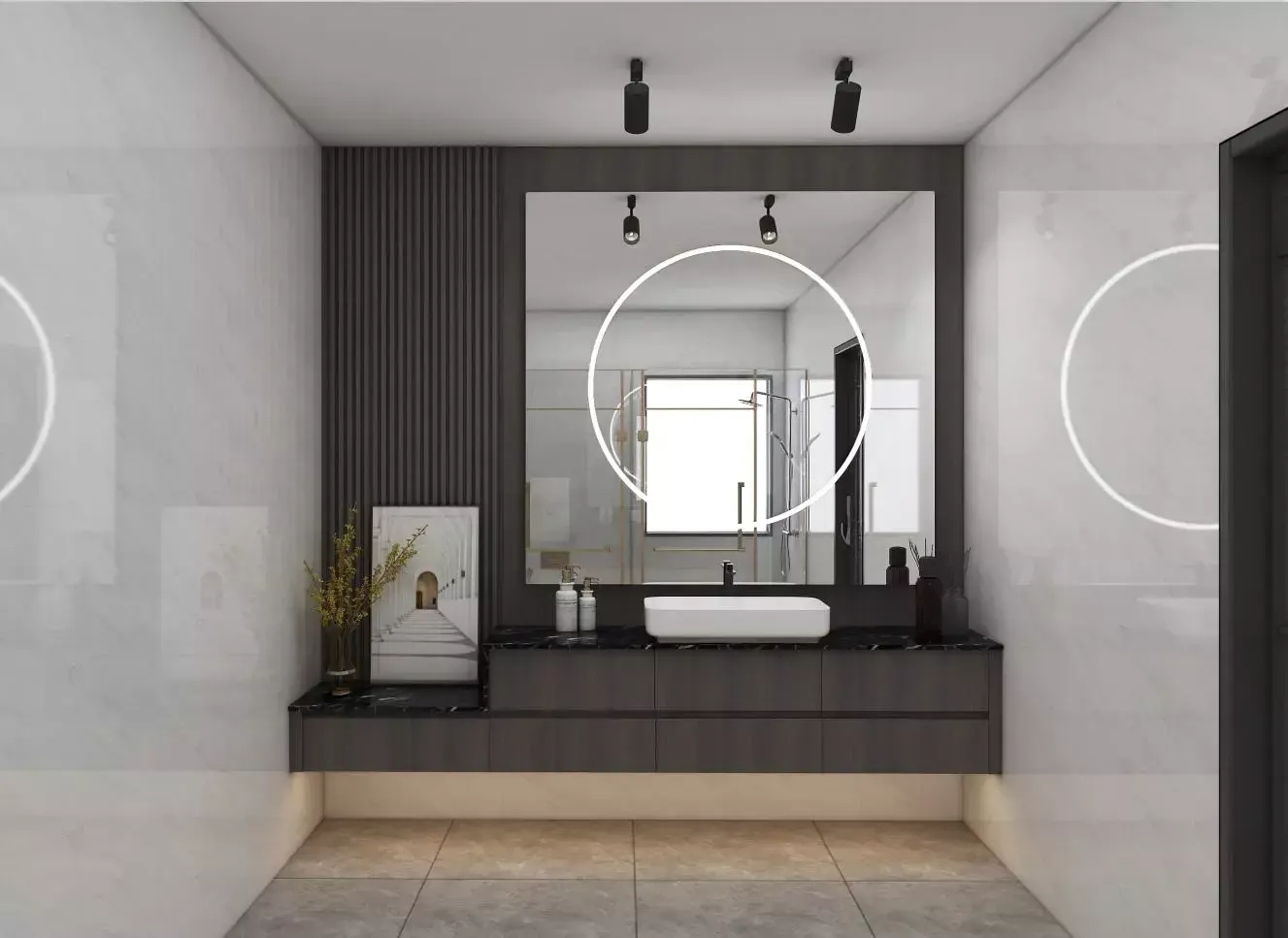 Dark Floating Vanity with Fluted Panel, Luxfit custom vanity design visual, Kampala, Uganda